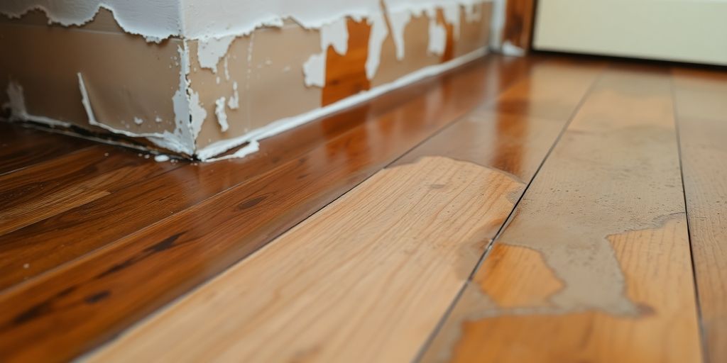 Close-up of water damage on wooden flooring.