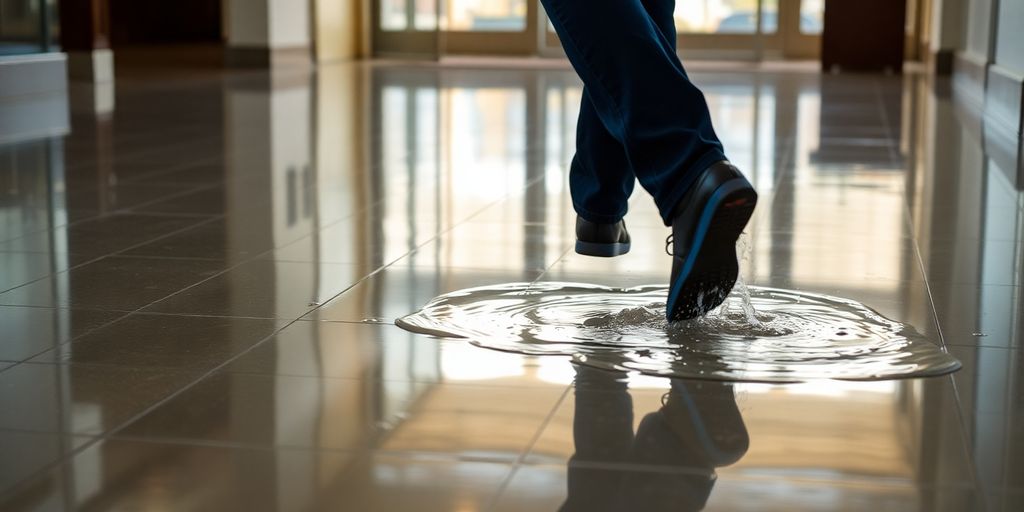 Victim slipping on wet floor near building entrance.