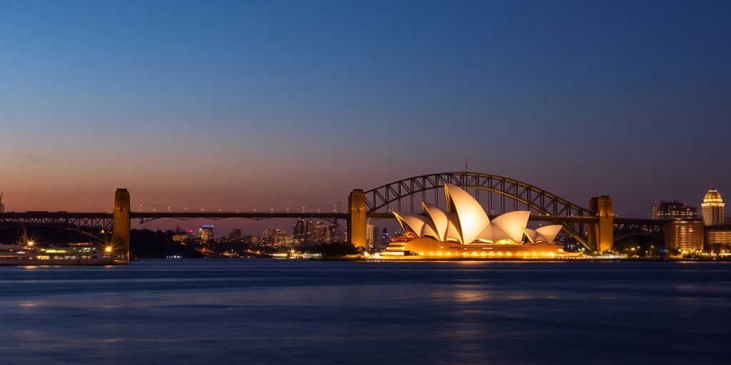 Sydney skyline overlooking Harbour Bridge and Opera House.