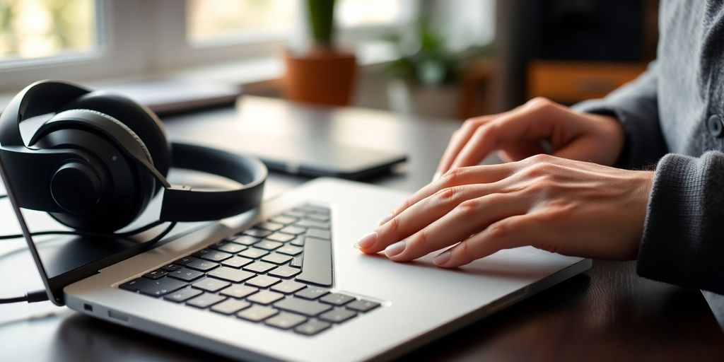 A person typing on a laptop, headphones on.