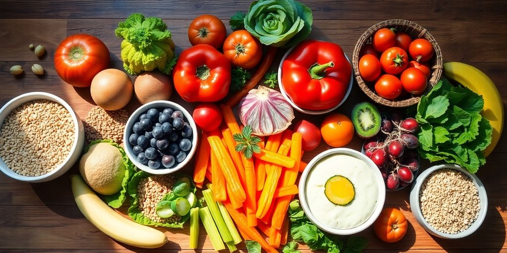Imagem de uma refeição saudável com frutas e vegetais.