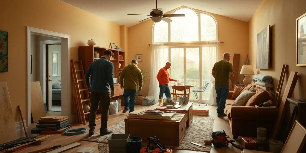 Home remodeling scene with tools and workers collaborating.