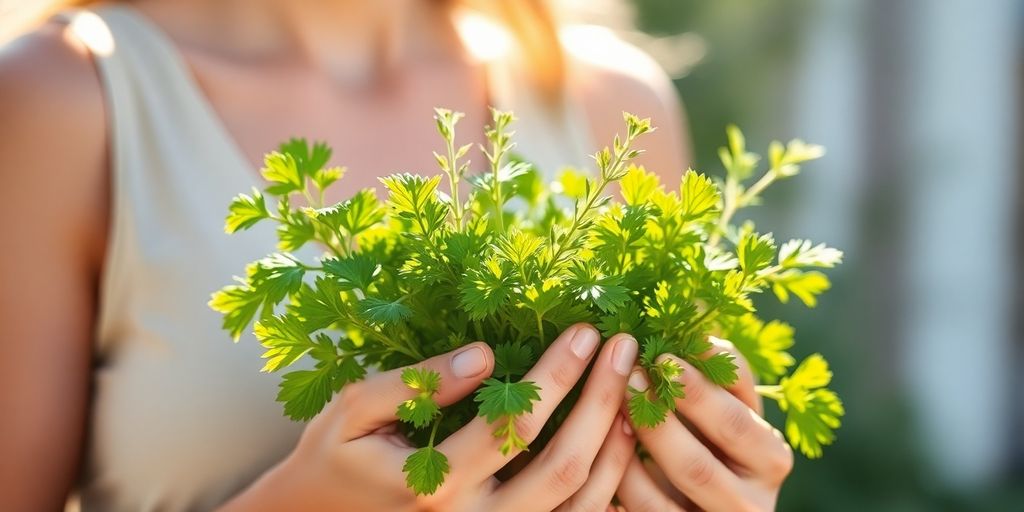 Woman holding vibrant herbs, seeking natural progesterone balance.
