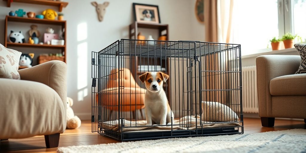 A cute puppy sitting inside a training crate.