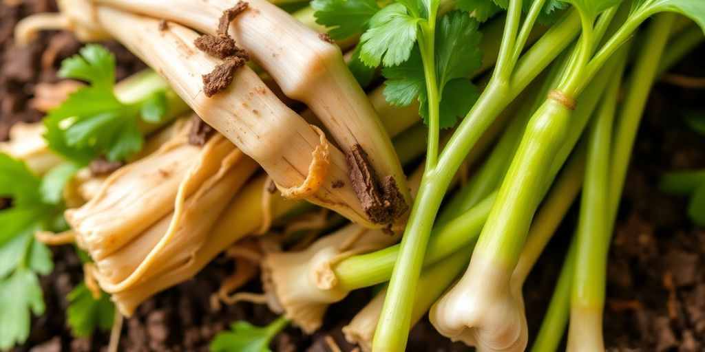 รากผักชีสดพร้อมดินสำหรับทำอาหารไทย