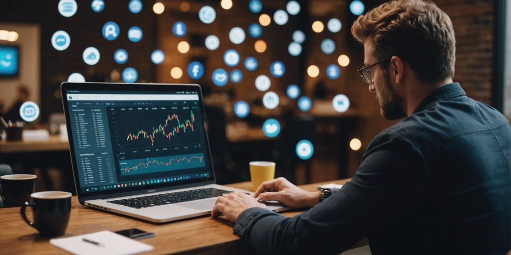 Small business owner analyzing marketing data on a laptop with digital marketing icons around.