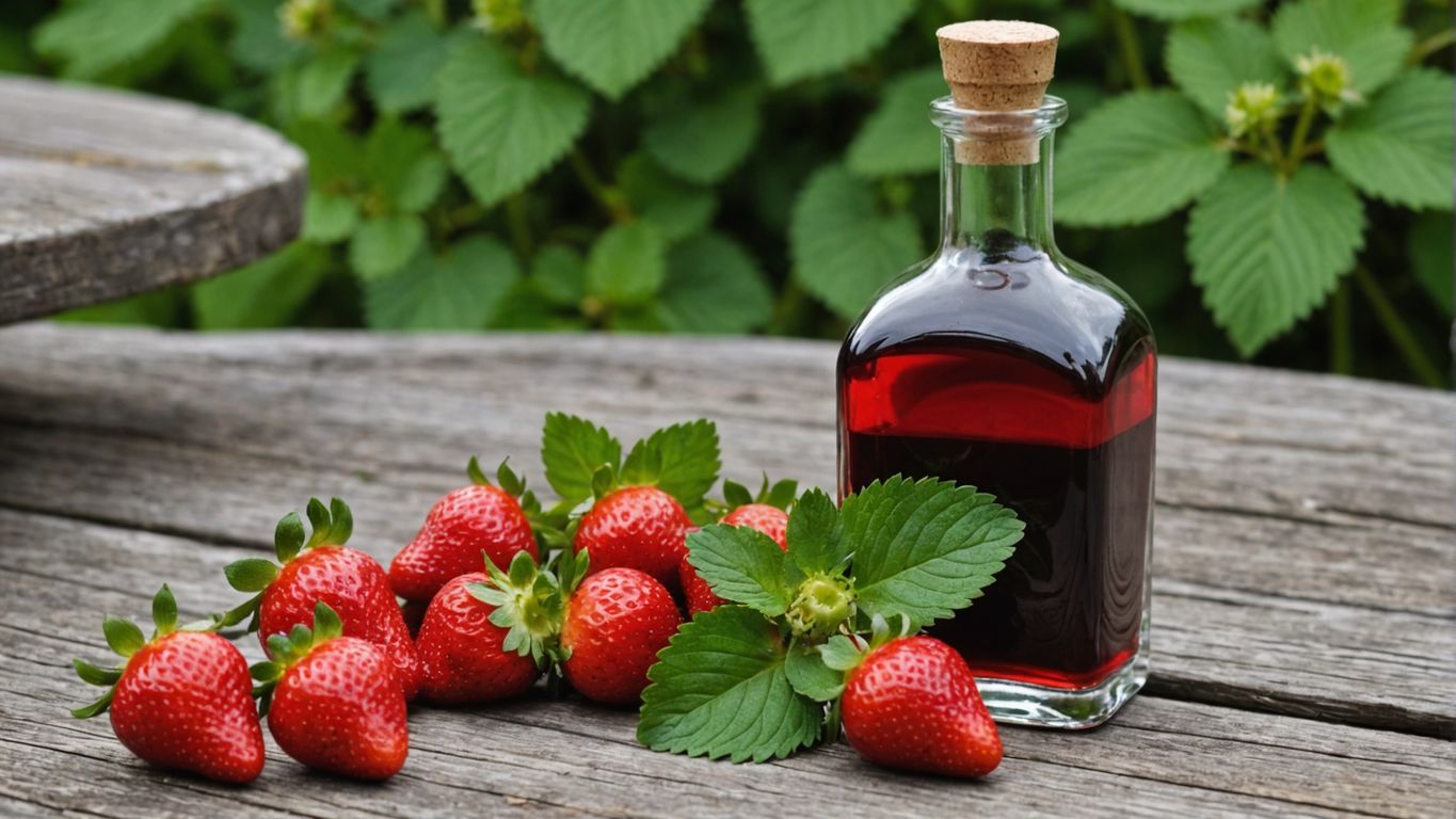 Strawberry liqueur bottle with fresh strawberries