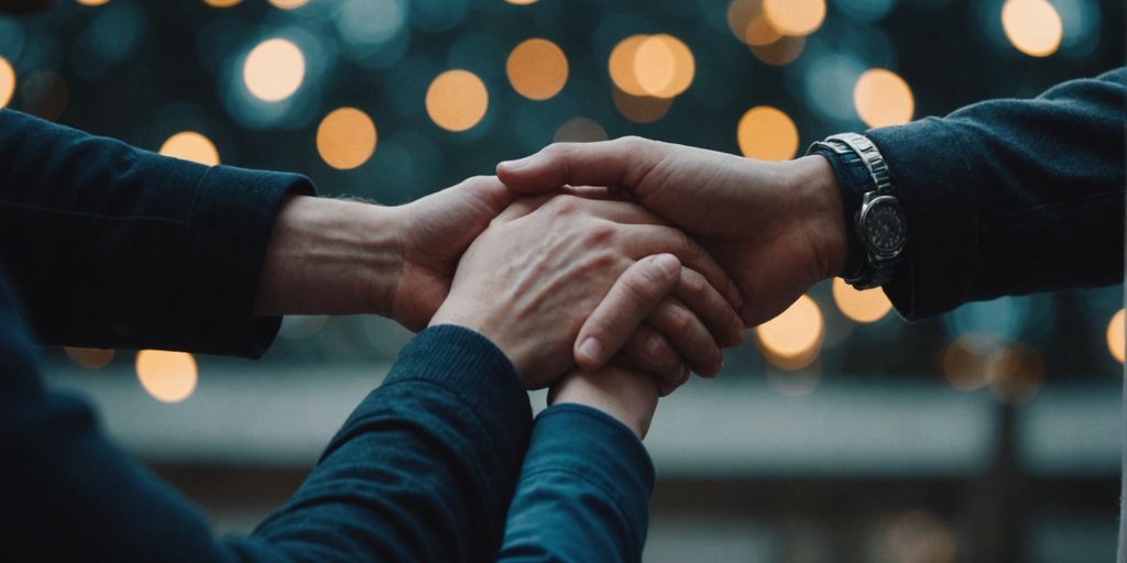 Three people holding hands in a supportive circle