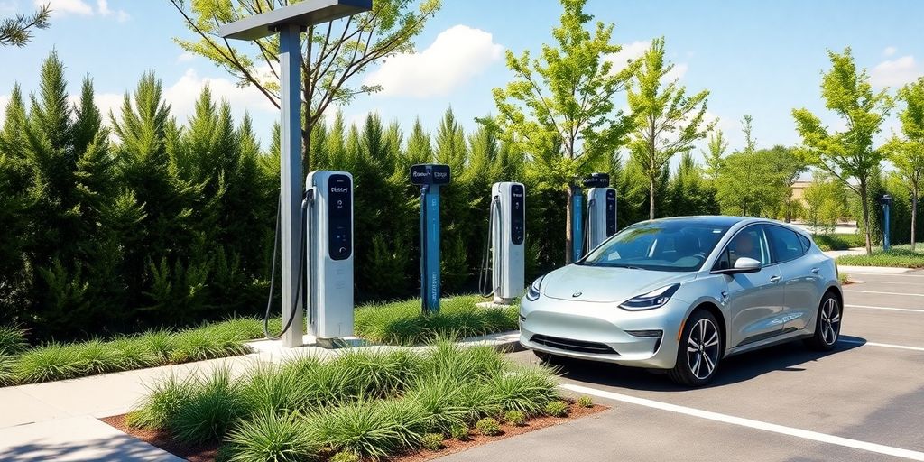 Electric vehicle charging station with multiple charging spots.