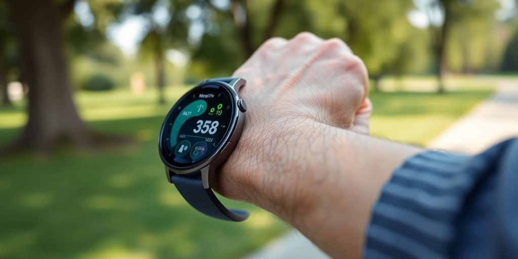 Smartwatch on a retiree's wrist in a park.