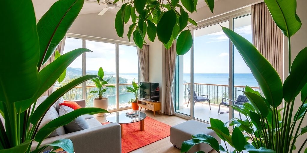 Modern Phuket apartment with tropical plants and ocean view.