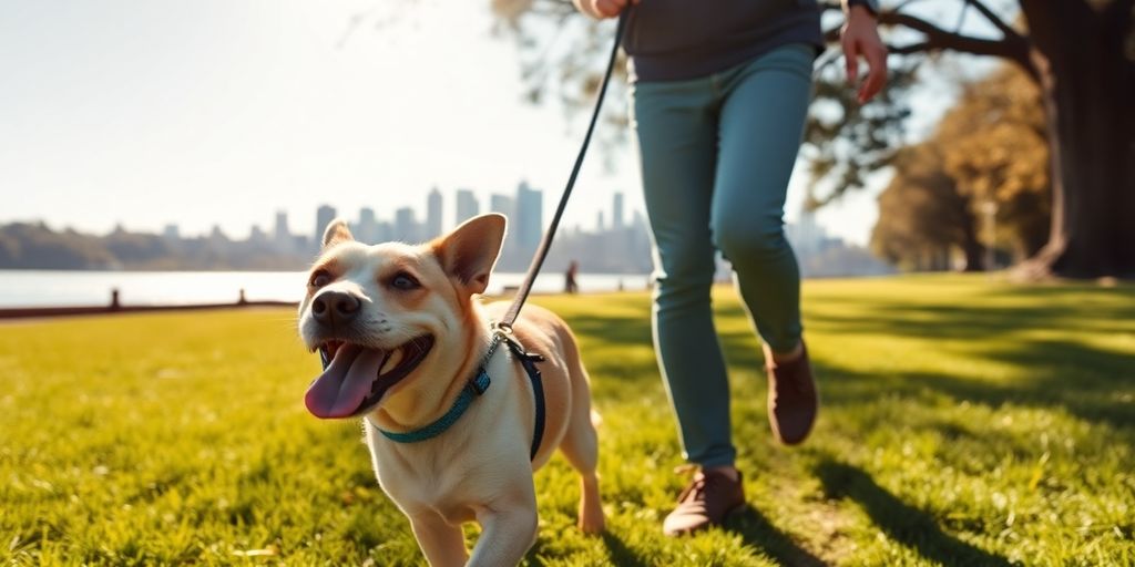 Happy dog running with owner during Sydney lunch break.