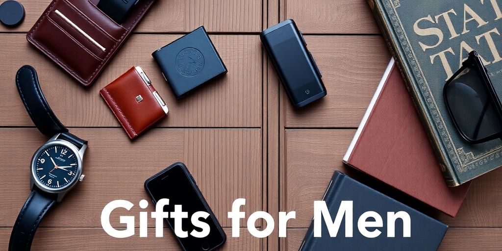 A stylish arrangement of gifts for men on wood.