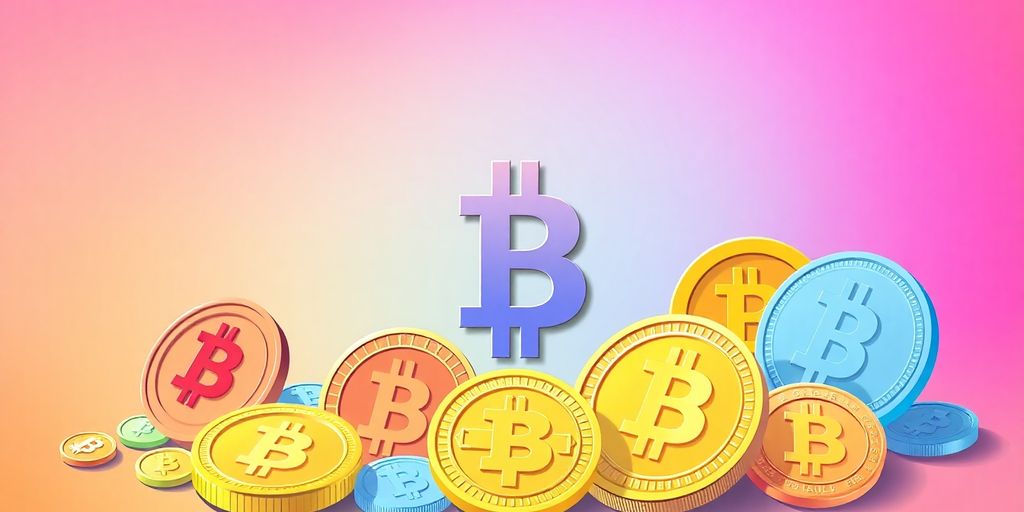 Colorful cryptocurrency coins arranged artistically on a gradient background.