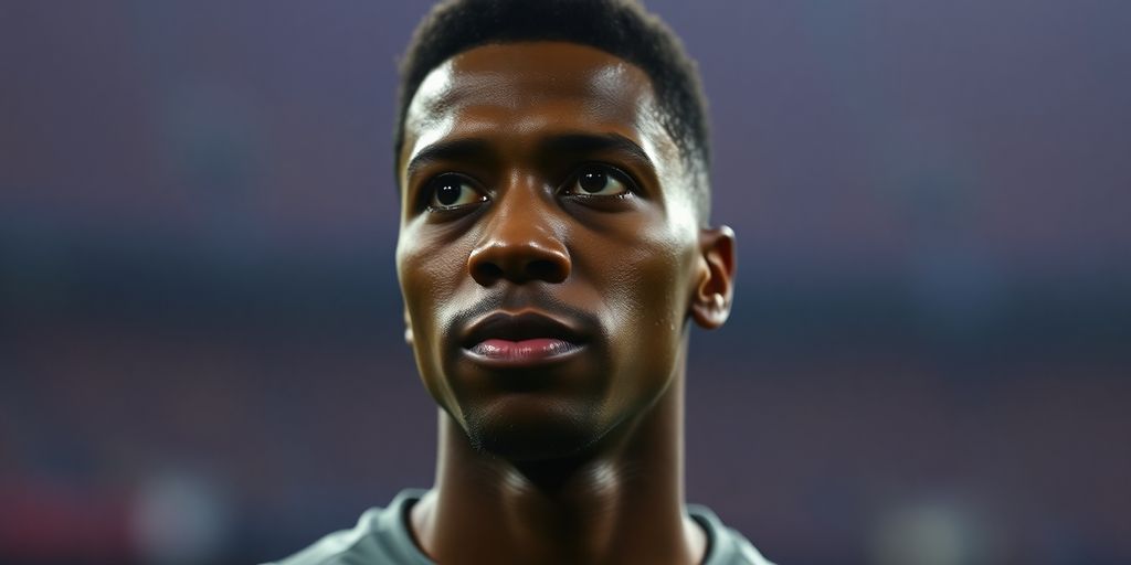 Marcus Rashford, thoughtful expression, faint Barcelona stadium background.