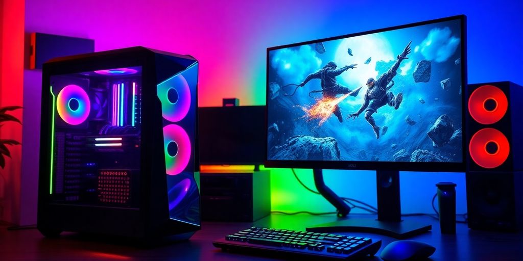Futuristischer Gaming-PC mit RGB-Beleuchtung und Monitor.