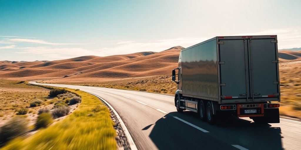 Truck driving through scenic landscape on a winding road.