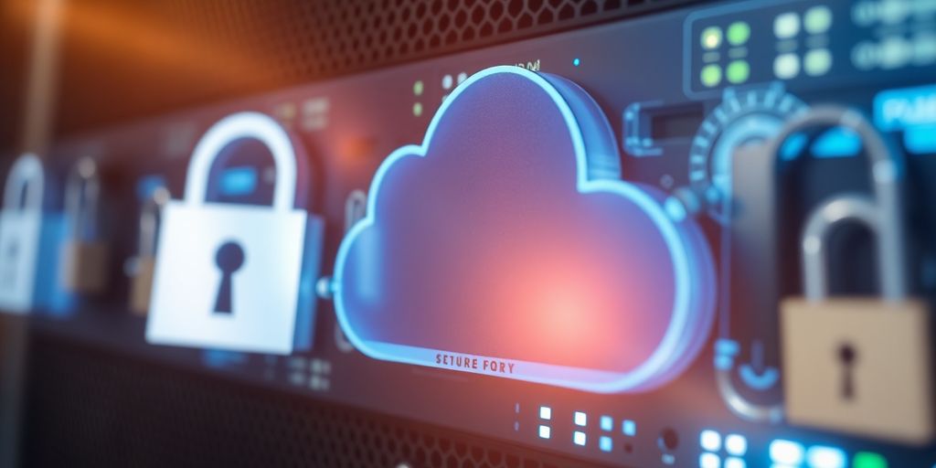 Close-up of a secure cloud server with digital locks.