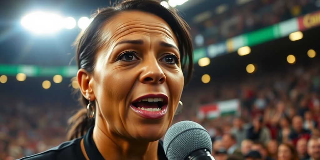 Julie Stewart-Binks passionately commenting on a soccer match.