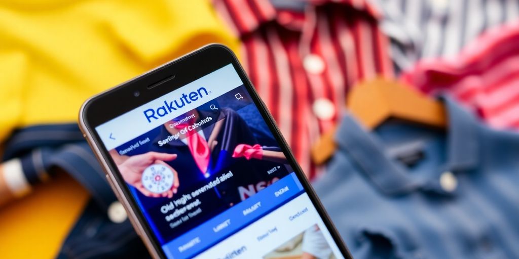 Smartphone with Rakuten app and Old Navy clothing items.