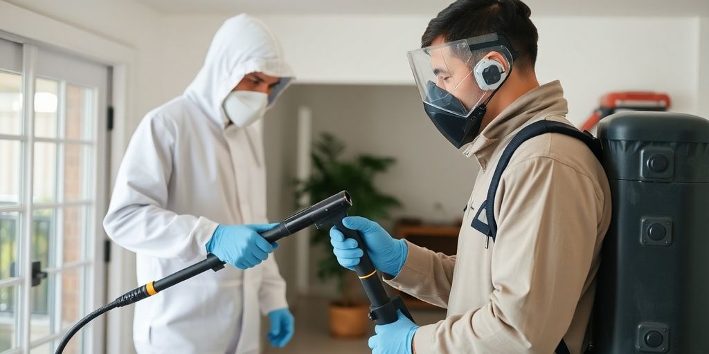 Tehnician de dezinsecție aplicând tratament în mediul rezidențial.