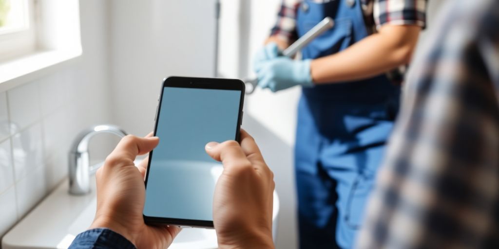 Smartphone view of plumber tightening pipe under sink with gloves