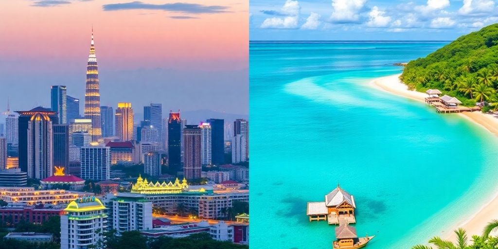 Bangkok skyline and Phuket beach in real estate comparison.