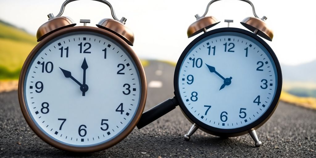 Clock with magnifying glass on a path