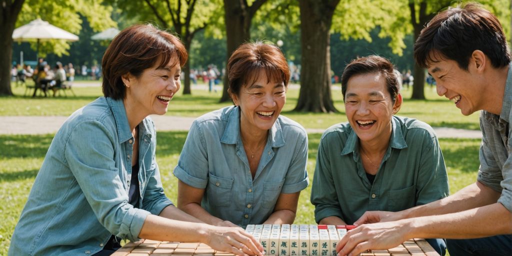Friends playing with giant Mahjong tiles in a park