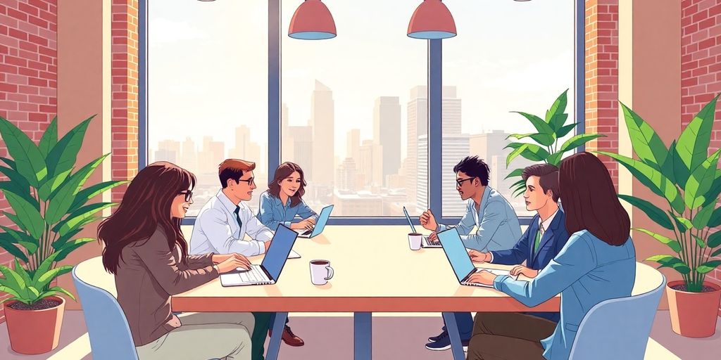Diverse professionals collaborating with laptops in bright Atlanta coworking space