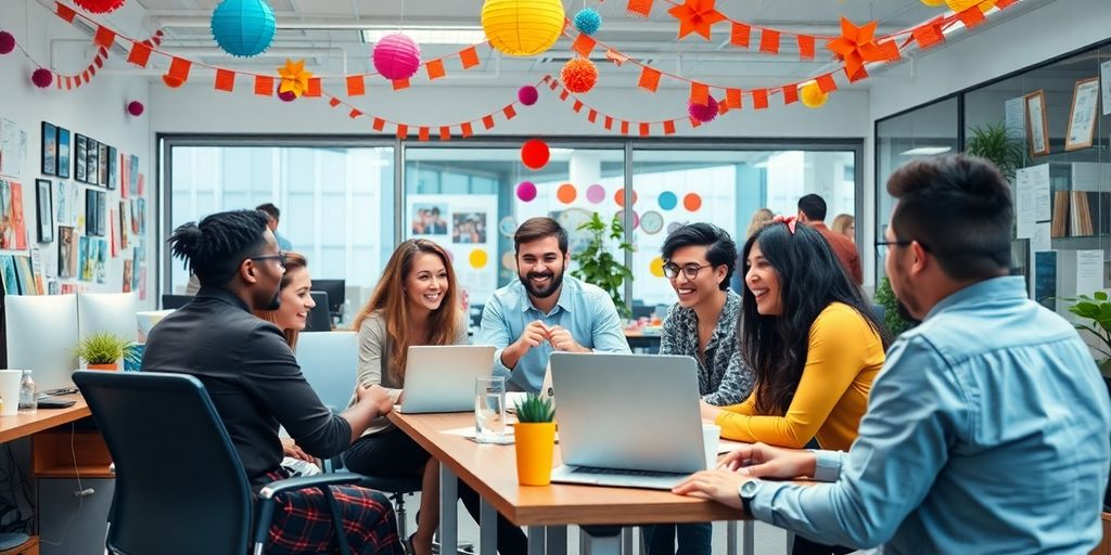 Diverse team having fun in a creative workplace setting.
