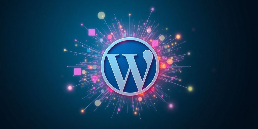 WordPress logo with abstract digital elements.