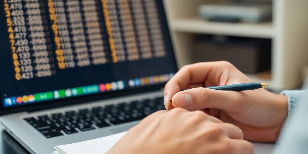 Person examining financial data on screen.