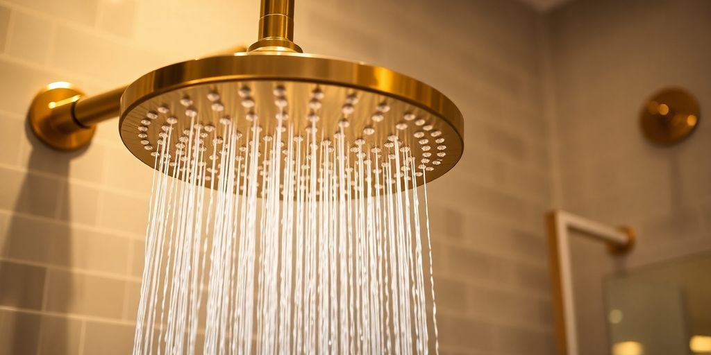 Brass rainfall shower in modern bathroom.