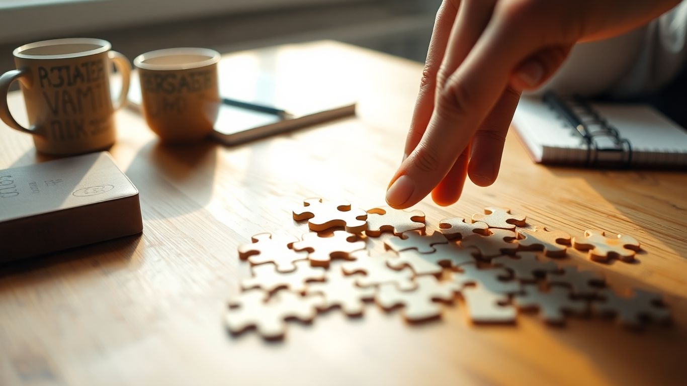 Hands place final puzzle piece on wooden table in sunlight.