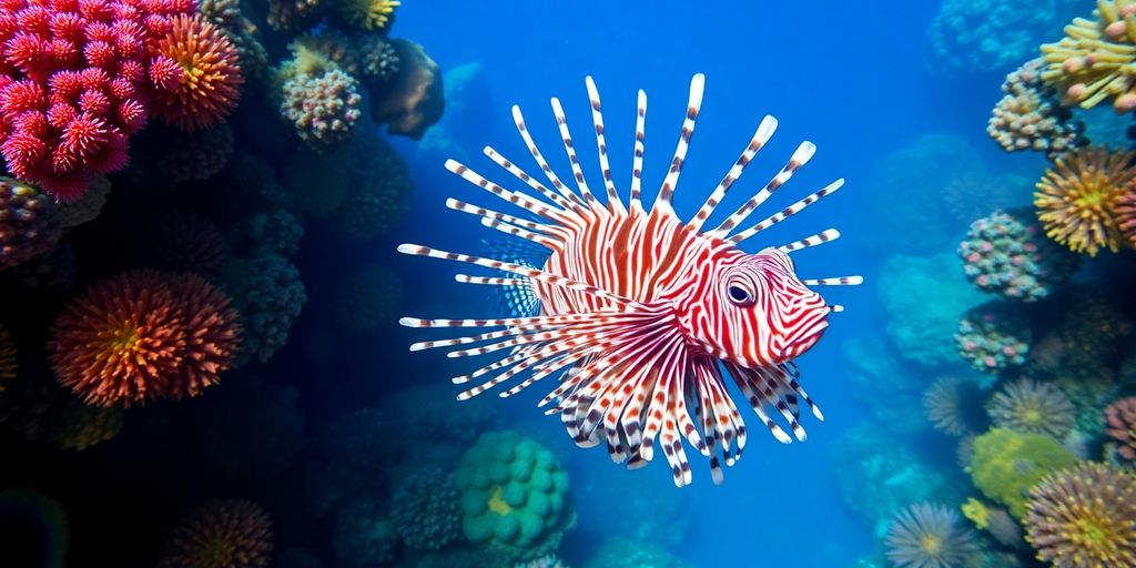 Peixe-leão nadando entre corais coloridos no Pacífico.