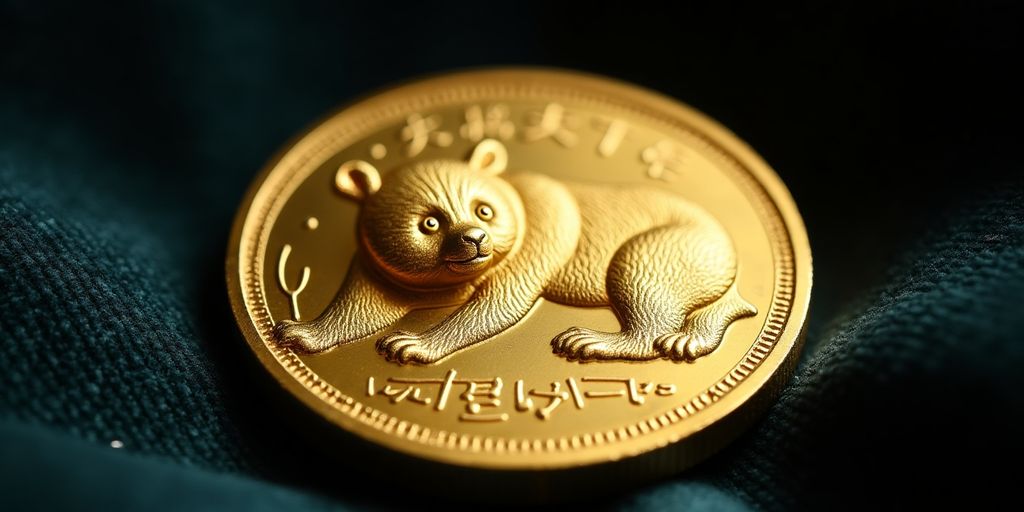 Une pièce en or panda chinoise sur un fond sombre.