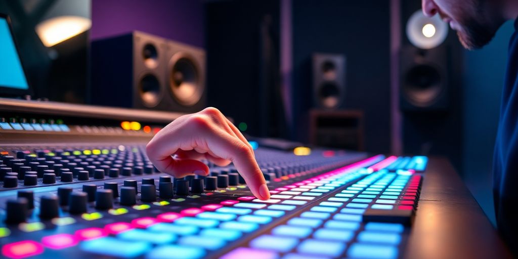 Studio engineer with glowing soundboard.