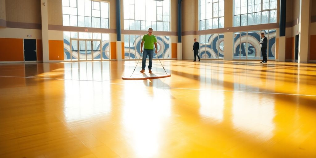 Workers installing sports hall flooring.