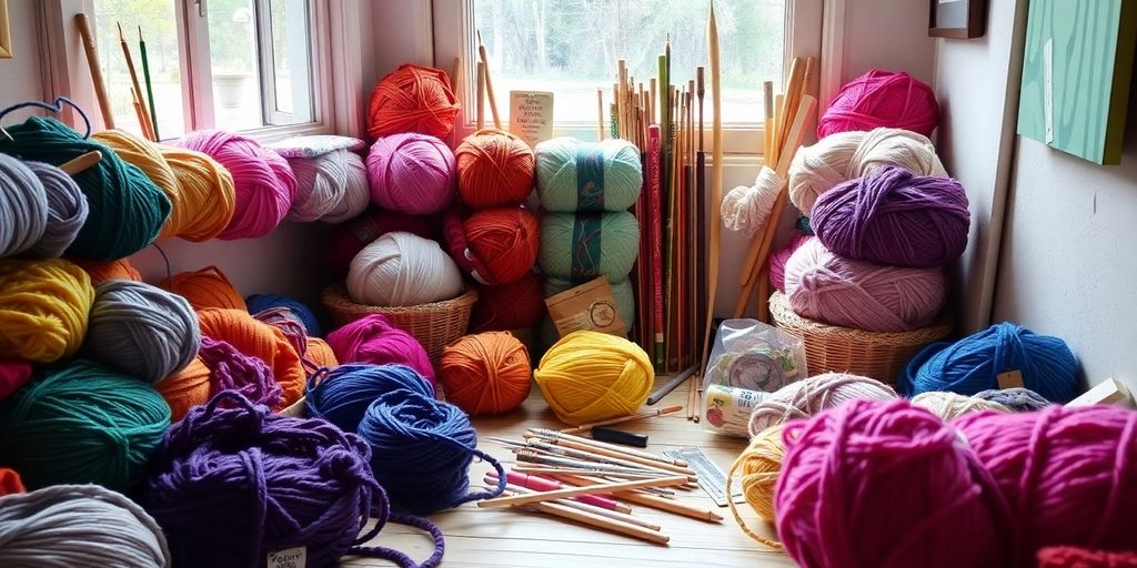 Bunte Garne und Strickwerkzeuge auf einem Tisch.