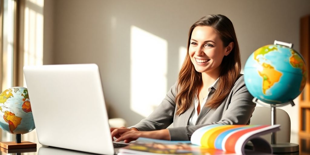 Woman uses laptop, surrounded by travel brochures.
