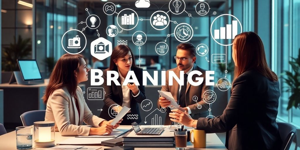 Business professionals discussing strategy in a corporate environment.
