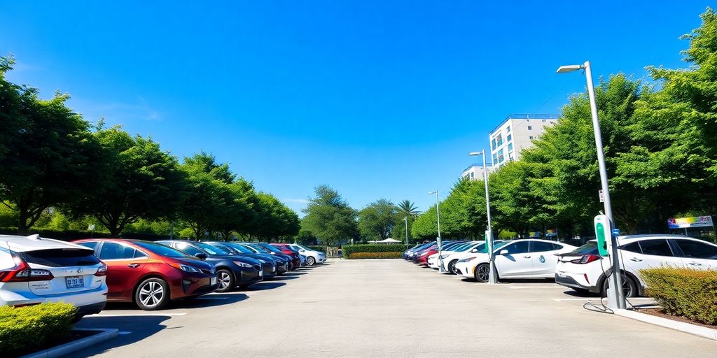 Electric vehicles charging in a green public parking lot.