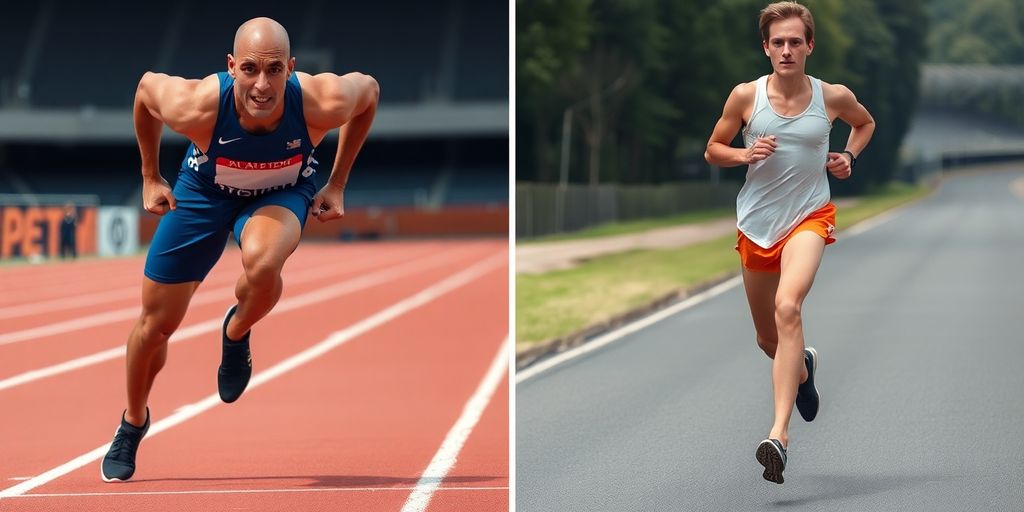 Runner sprinting and marathoner jogging side-by-side.