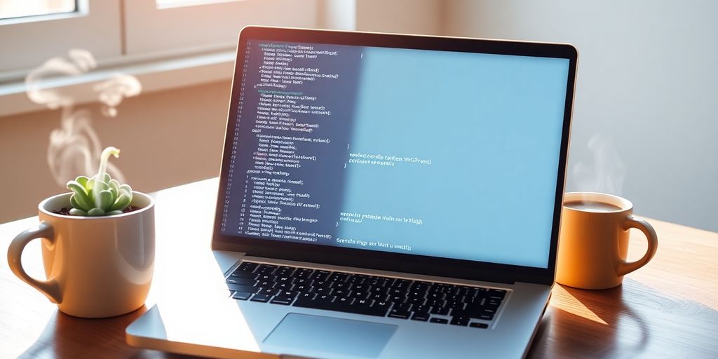 Laptop displaying WordPress code, coffee cup beside it.
