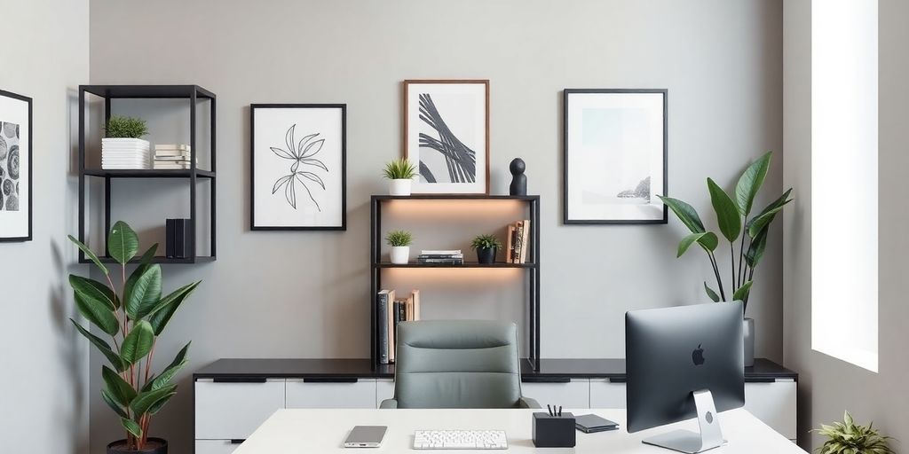 Stylish men's office wall decor with organized workspace elements.