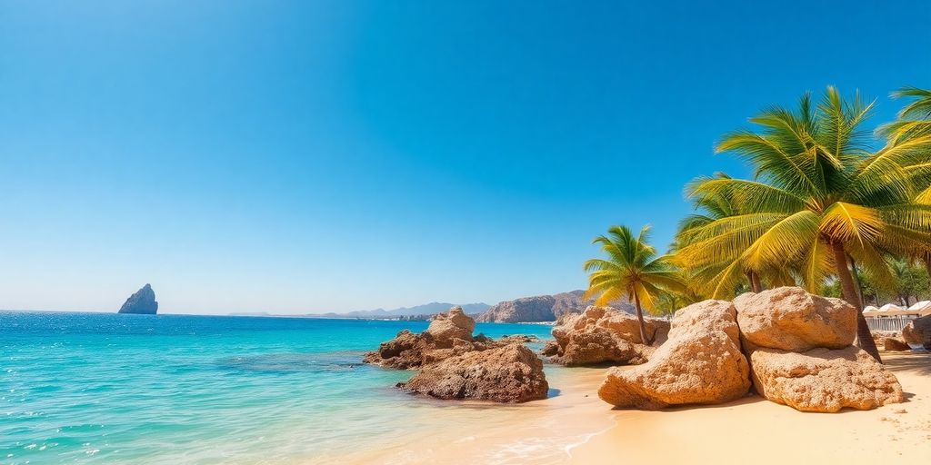 Sunny beach with palm trees and a calm ocean.