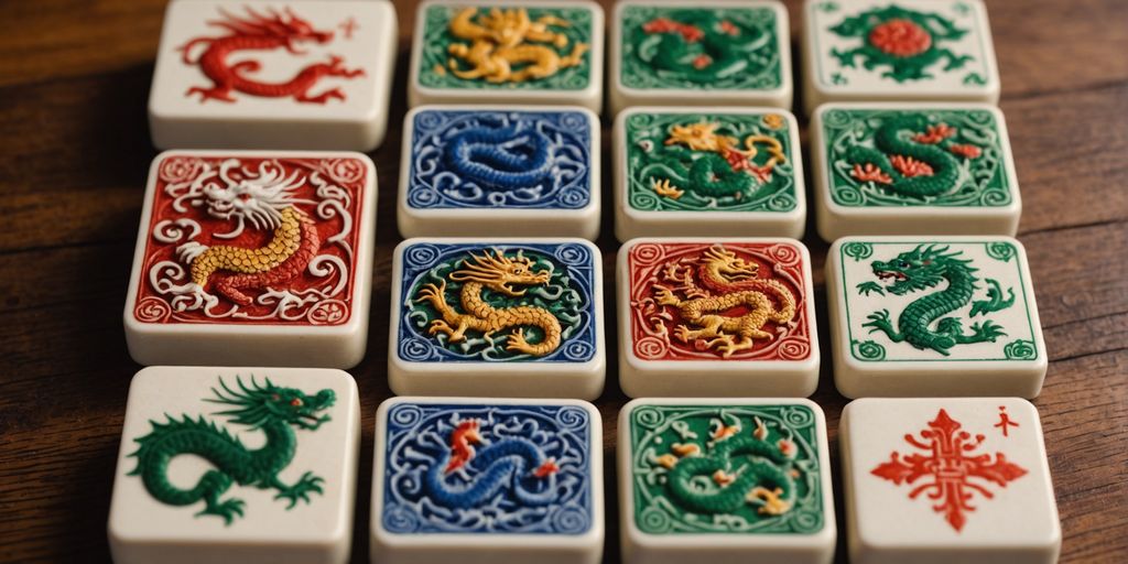Mahjong tiles with dragon designs on wooden table.