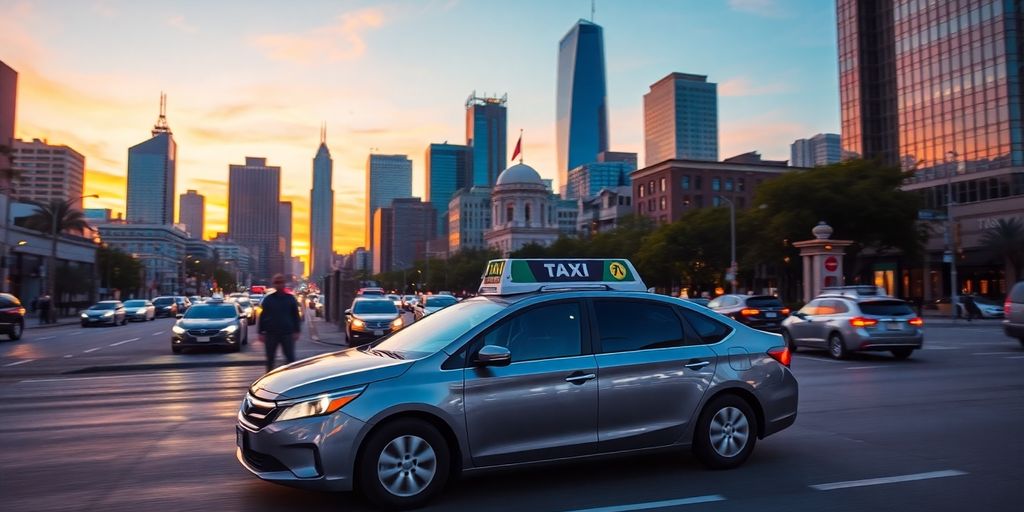 Modern taxi navigating Dallas-Fort Worth city streets at sunset.
