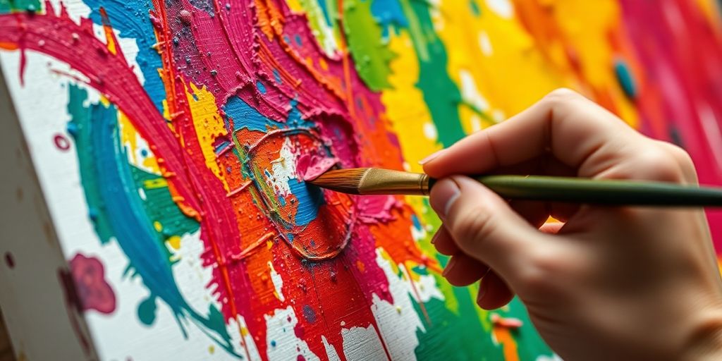 Artist painting colorful abstract shapes on canvas.